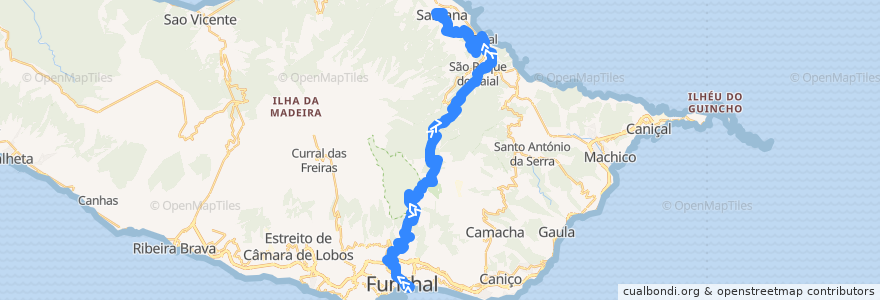 Mapa del recorrido HF 56: Funchal -> Santana-Parque TM (via Ribeiro Frio, São Roque do Faial) de la línea  en المياه الإقليمية البرتغالية.