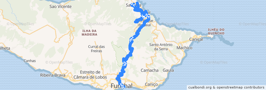 Mapa del recorrido HF 56: Funchal -> Santana-Parque TM (via Ribeiro Frio, São Roque do Faial, Lombo Galego, Santo António) de la línea  en Portugal (águas territoriais).