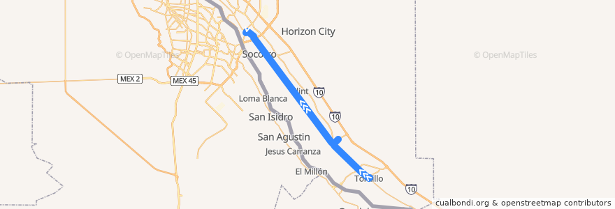 Mapa del recorrido El Paso County Transit Route 40 Fabens/Tornillo de la línea  en El Paso County.