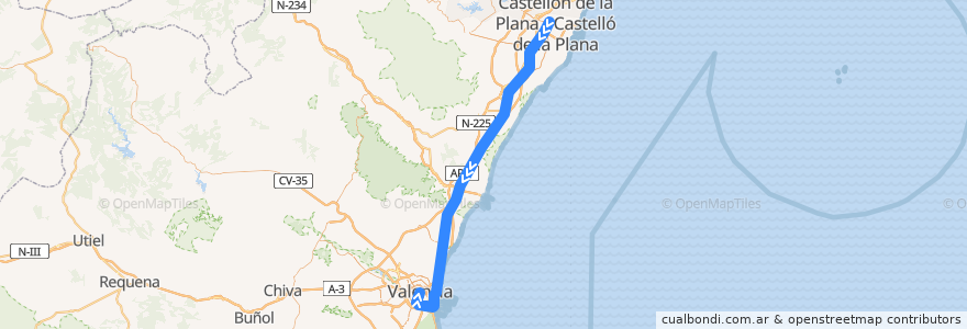 Mapa del recorrido Línea C6 Castellón de la Plana- Valencia (Norte) de la línea  en Comunitat Valenciana.