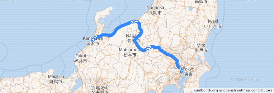 Mapa del recorrido Kagayaki (かがやき) de la línea  en 日本.