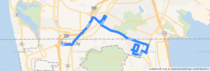 Mapa del recorrido Daly City Bayshore Shuttle: Daly City BART => Bayshore Community Center de la línea  en Californië.