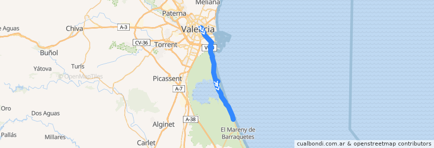 Mapa del recorrido Bus 25: València => el Perellonet/el Perelló de la línea  en Comarca de València.