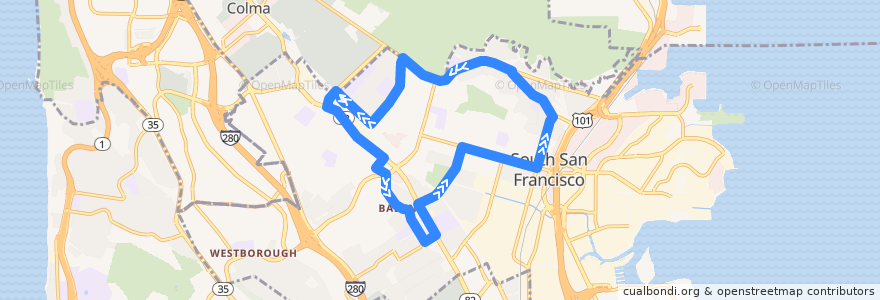 Mapa del recorrido South City Shuttle: Counter-Clockwise de la línea  en South San Francisco.