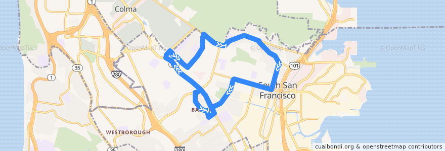 Mapa del recorrido South City Shuttle: Clockwise de la línea  en South San Francisco.