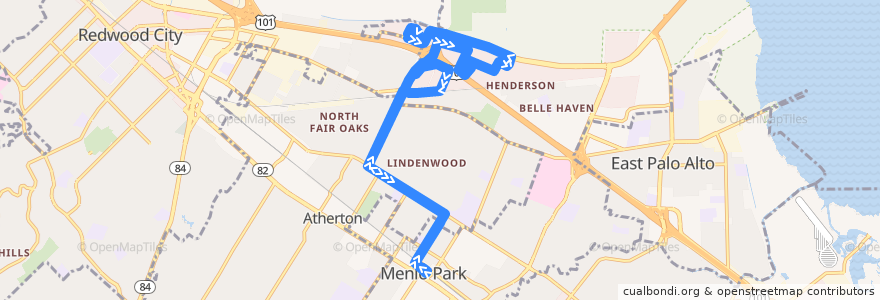 Mapa del recorrido Menlo Park M3-Marsh Road Shuttle (evenings) de la línea  en San Mateo County.