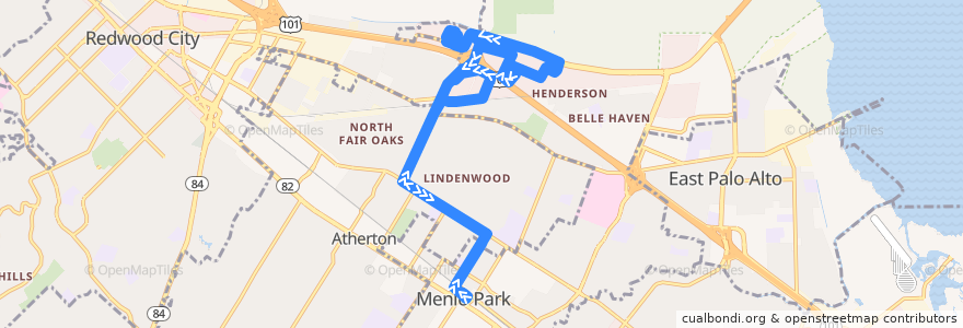 Mapa del recorrido Menlo Park M3-Marsh Road Shuttle (mornings) de la línea  en 圣马刁县.