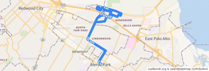 Mapa del recorrido Menlo Park M3-Marsh Road Shuttle (mornings) de la línea  en San Mateo County.