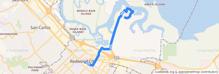 Mapa del recorrido Caltrain Pacific Shores Shuttle: Redwood City => Pacific Shores (mornings) de la línea  en Redwood City.