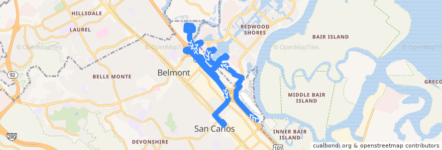 Mapa del recorrido Caltrain Twin Dolphin Shuttle: Twin Dolphin Drive => San Carlos (evenings) de la línea  en San Mateo County.
