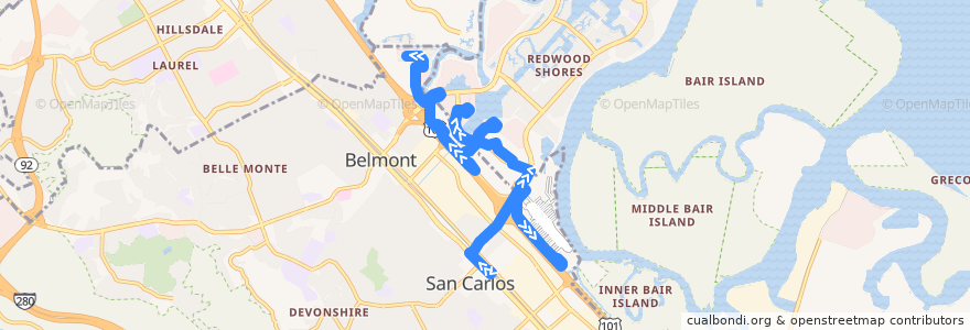 Mapa del recorrido Caltrain Twin Dolphin Shuttle: San Carlos => Twin Dolphin Drive (mornings) de la línea  en San Mateo County.