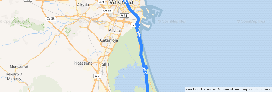 Mapa del recorrido Bus 25: València => el Palmar (sábado, domingo y festivos, excepto lunes festivo) de la línea  en Comarca de València.