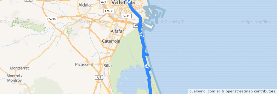 Mapa del recorrido Bus 25: (Verano) València => el Palmar (sábado, domingo y festivos, excepto lunes festivo) de la línea  en Comarca de València.