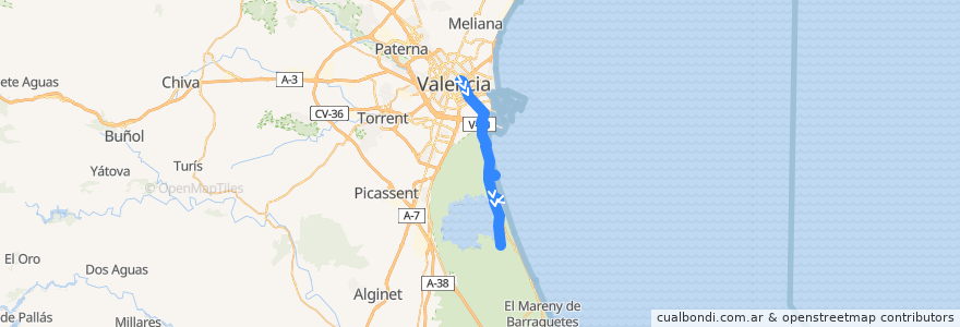 Mapa del recorrido Bus 25: (Verano) València => el Palmar (lunes a viernes no festivos y lunes festivo) de la línea  en Comarca de València.