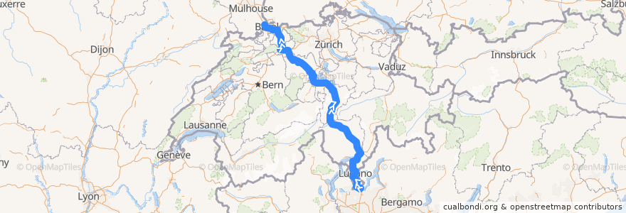 Mapa del recorrido Flixbus 497: Mailand, Lampugnano => Straßburg, Busbahnhof de la línea  en Schweiz/Suisse/Svizzera/Svizra.