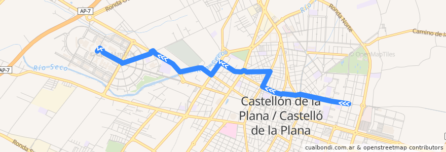 Mapa del recorrido L11 Rafalafena-UJI de la línea  en Castelló de la Plana.