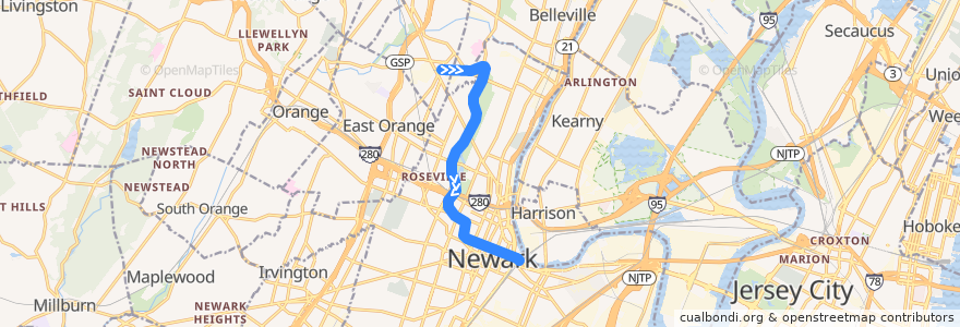 Mapa del recorrido Newark Light Rail: Grove Street → Newark Penn Station de la línea  en Newark.