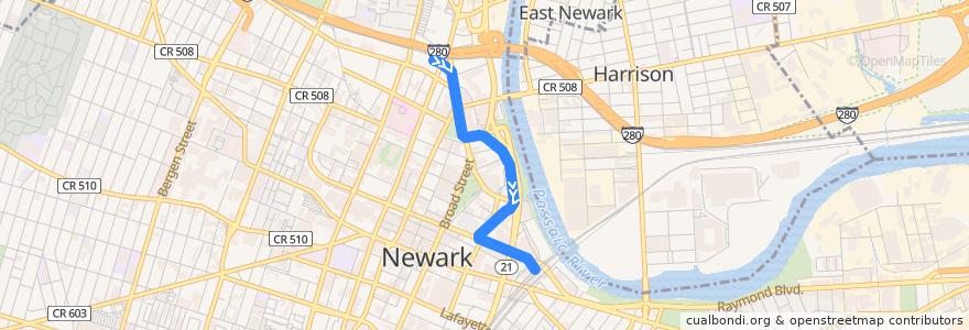 Mapa del recorrido Newark Light Rail: Broad Street Station → Newark Penn Station de la línea  en Newark.