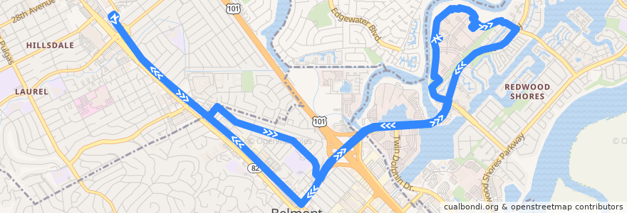 Mapa del recorrido Commute.org Bayshore Technology Park Shuttle: Hillsdale Caltrain => Bayshore Technology Park => Hillsdale Caltrain de la línea  en San Mateo County.