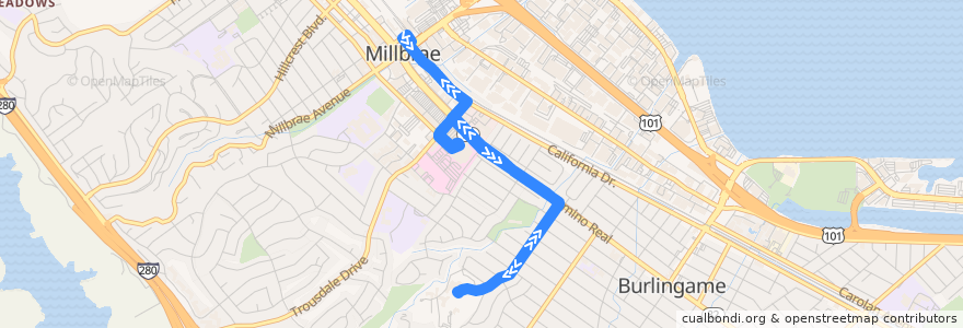 Mapa del recorrido Commute.org North Burlingame Shuttle: Millbrae => Sisters of Mercy => Mills-Peninsula Medical Center => Millbrae (evenings) de la línea  en San Mateo County.