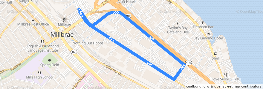 Mapa del recorrido Commute.org Burlingame Bayside Area Shuttle: Millbrae => Rollins Loop => Millbrae (evenings) de la línea  en San Mateo County.