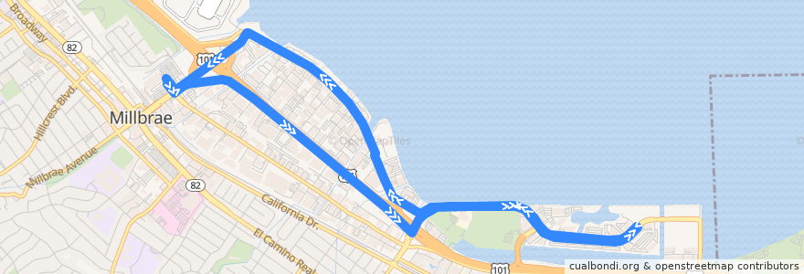 Mapa del recorrido Commute.org Burlingame Bayside Area Shuttle: Millbrae => Bayshore Loop => Millbrae (evenings) de la línea  en San Mateo County.