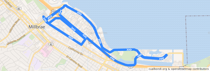 Mapa del recorrido Commute.org Burlingame Bayside Area Shuttle: Millbrae => Rollins Loop => Bayshore Loop => Millbrae (mornings) de la línea  en San Mateo County.