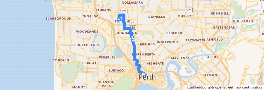 Mapa del recorrido 404 Perth Busport → Tuart Hill de la línea  en Western Australia.