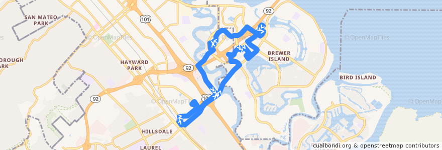 Mapa del recorrido Commute.org Mariners Island Shuttle: Hillsdale Caltrain => Foster City => Hillsdale Caltrain (mornings) de la línea  en San Mateo County.