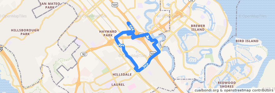 Mapa del recorrido Commute.org Norfolk Area Shuttle: Hillsdale Caltrain => Hayward Park Caltrain => Hillsdale Caltrain (mornings) de la línea  en San Mateo.