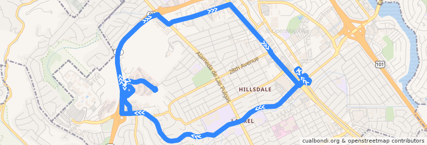 Mapa del recorrido Commute.org Campus Drive Shuttle: Hillsdale Caltrain => Campus Drive => Hillsdale Caltrain (evenings) de la línea  en San Mateo.