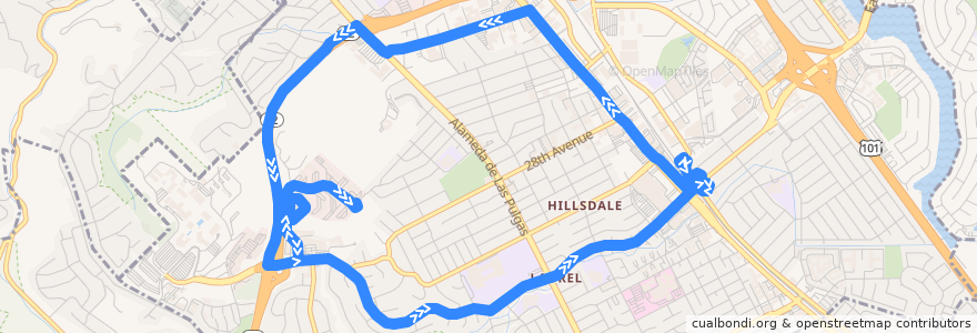 Mapa del recorrido Commute.org Campus Drive Shuttle: Hillsdale Caltrain => Campus Drive => Hillsdale Caltrain (mornings) de la línea  en San Mateo.