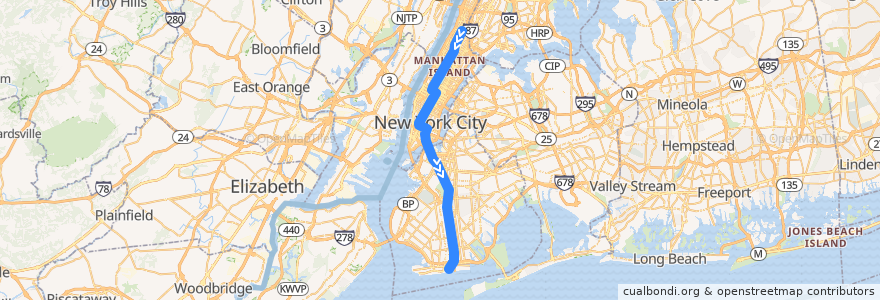 Mapa del recorrido NYCS - B Train: 145th Street → Brighton Beach de la línea  en Нью-Йорк.