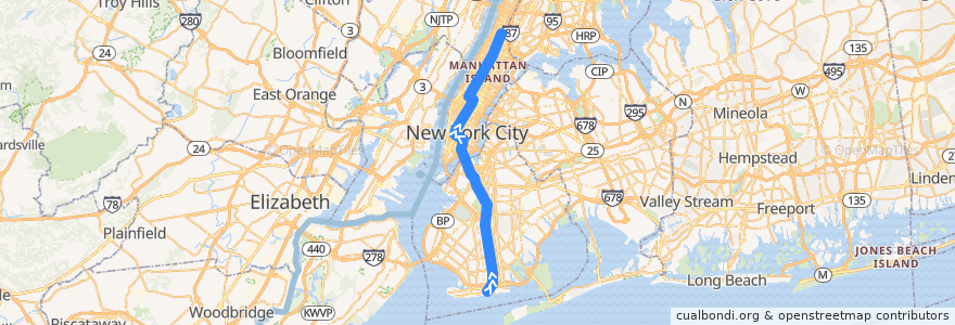 Mapa del recorrido NYCS - B Train: Brighton Beach → 145th Street de la línea  en Нью-Йорк.
