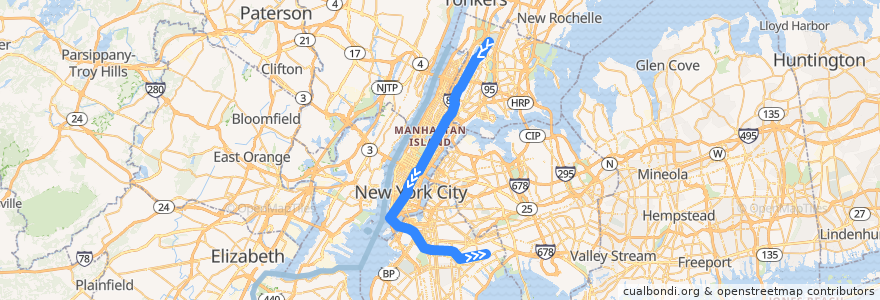 Mapa del recorrido NYCS - 4 Train (late nights): Woodlawn → New Lots Avenue de la línea  en Nueva York.