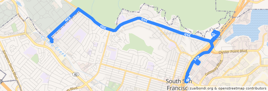 Mapa del recorrido Commute.org Genesis One Tower Place Shuttle: South San Francisco Caltrain => 800 Dubuque => South San Francisco BART (mornings) de la línea  en South San Francisco.