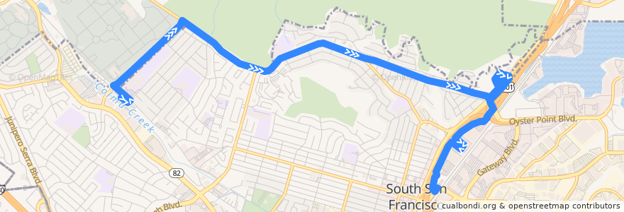 Mapa del recorrido Commute.org Genesis One Tower Place Shuttle: South San Francisco BART => 800 Dubuque => South San Francisco Caltrain de la línea  en South San Francisco.