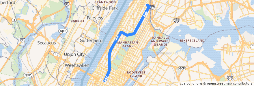 Mapa del recorrido NYCS - 3 Train (late nights): 42nd Street–Times Square → Harlem–148th Street de la línea  en Manhattan.