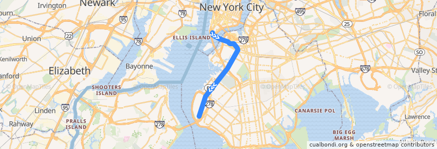 Mapa del recorrido NYCS - R Train (late nights): Whitehall Street–South Ferry → Bay Ridge–95th Street de la línea  en Бруклин.