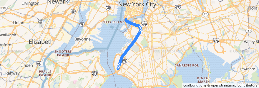 Mapa del recorrido NYCS - R Train (late nights): Bay Ridge–95th Street → Whitehall Street–South Ferry de la línea  en Brooklyn.