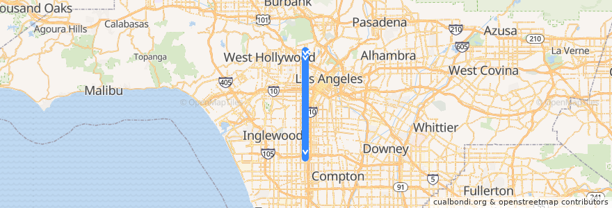 Mapa del recorrido Metro 204 Northbound (Athens to Hollywood) de la línea  en Los Angeles.