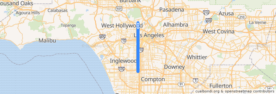 Mapa del recorrido Metro 204 Southbound (Hollywood to Athens) de la línea  en Los Angeles County.
