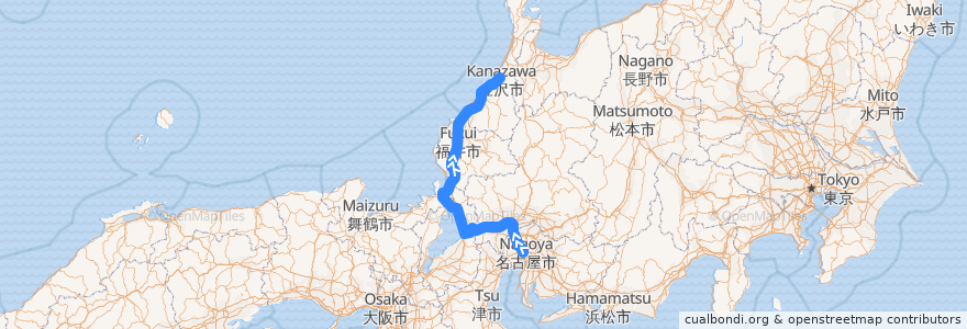 Mapa del recorrido しらさぎ: 名古屋 -> 金沢 de la línea  en 日本.