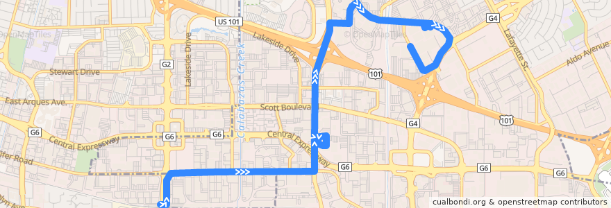 Mapa del recorrido Caltrain Mission College Shuttle: Lawrence Caltrain => Mission College Boulevard (mornings) de la línea  en Santa Clara.
