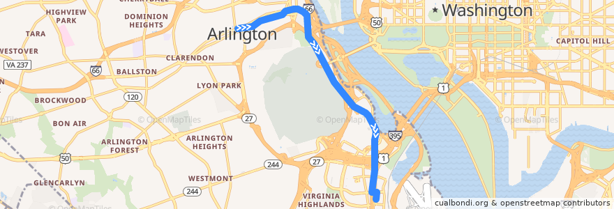 Mapa del recorrido ART 43 Courthouse - Rosslyn - Crystal City de la línea  en Arlington.