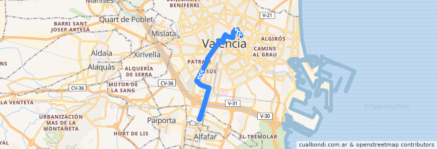 Mapa del recorrido Bus 9: Albereda => La Torre de la línea  en Comarca de València.