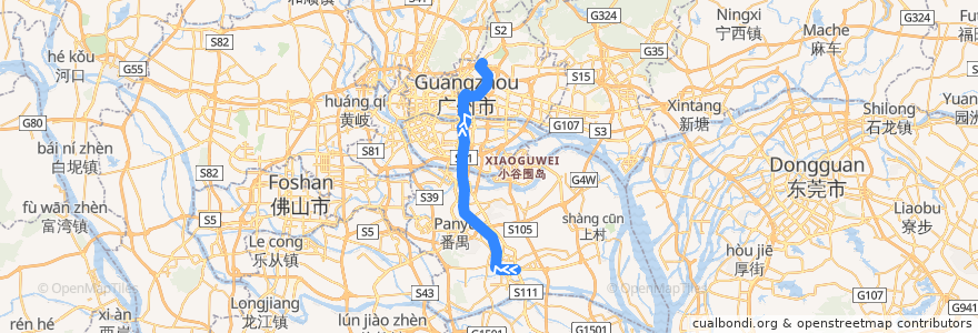 Mapa del recorrido 广州地铁3号线（番禺广场→天河客运站） de la línea  en Guangzhou.