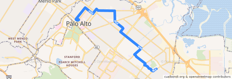 Mapa del recorrido City of Palo Alto Crosstown Shuttle: Stevenson House => Palo Alto Transit Center de la línea  en پالو آلتو.