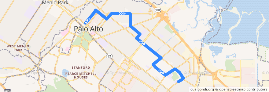 Mapa del recorrido City of Palo Alto Crosstown Shuttle: Palo Alto Transit Center => Stevenson House de la línea  en بالو ألتو.