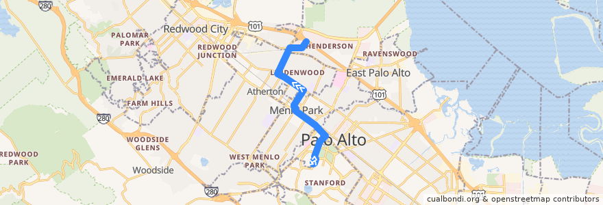 Mapa del recorrido Stanford Health Care Bohannon Shuttle: Stanford Medical Center => Menlo Park Caltrain => Bohannon Drive de la línea  en 圣马刁县.